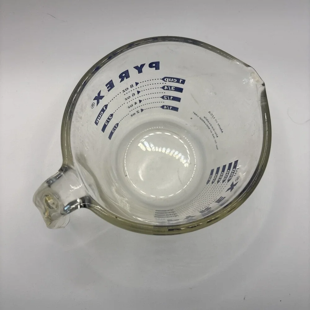 Vintage PYREX 1 cup glass measuring cup blue lettering retro kitchen all caps